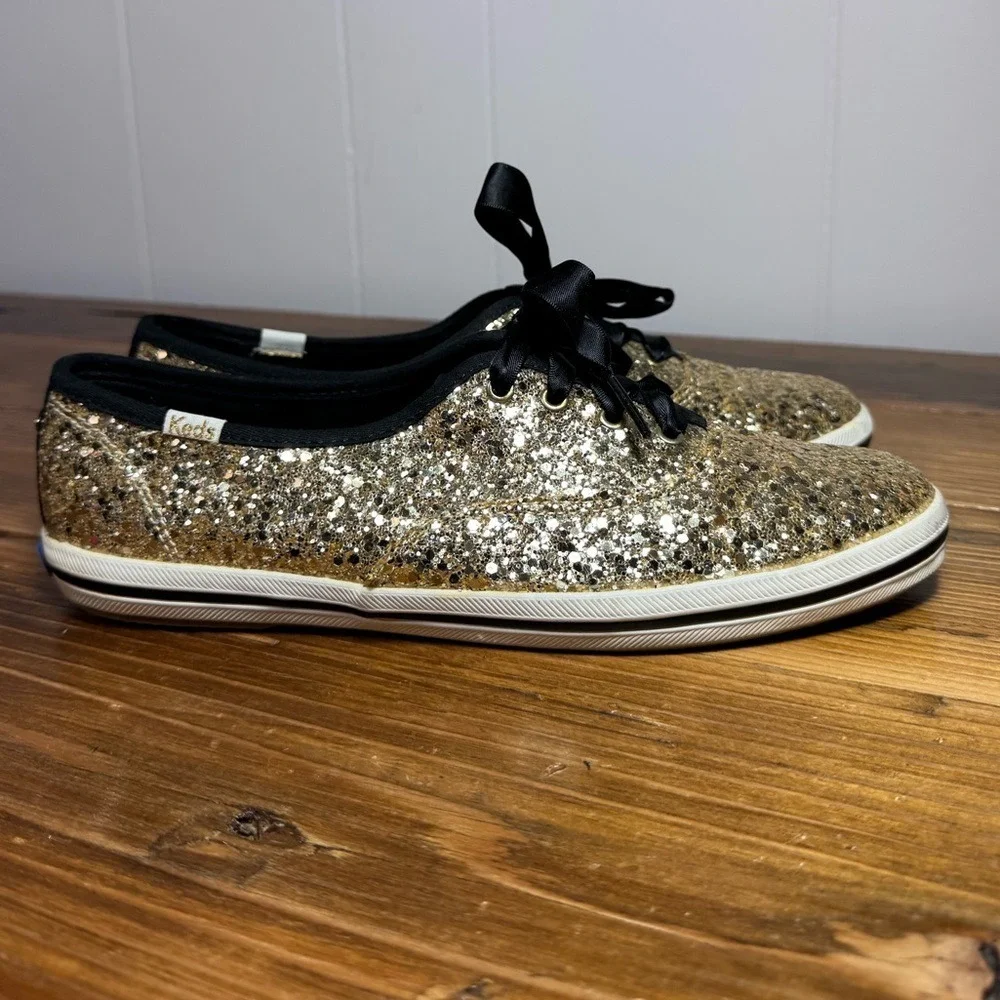 Keds X Kate Spade New York Women Gold Glitter Lace-Up Sneakers Black Lace Size 8